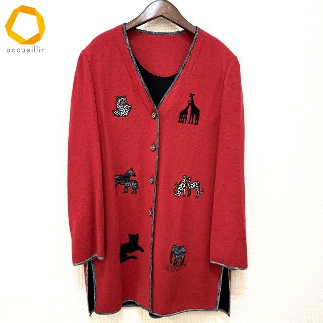 wnc イタリヤ 伊太利屋 ジャケット 15 赤 黒 コート カーディガン アンゴラ混 アニマル柄 ニット 大きいサイズ レディース 982791