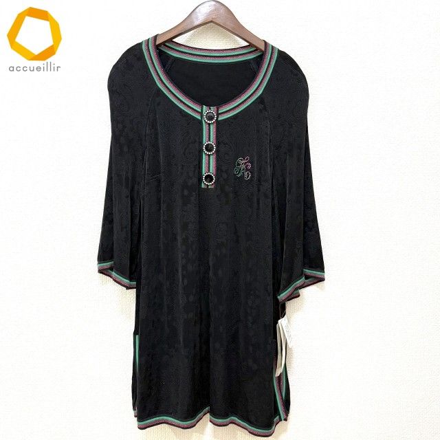 anc 伊太利屋 イタリヤ チュニック 15 黒 緑 ピンク 七分袖 ラインストーン 柄 大きいサイズ レディース 945159