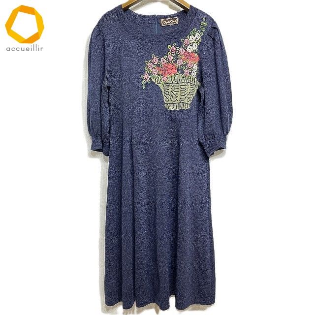 anc サイトウトヨコ 斉藤都世子 ワンピース 紺 ラメ ニット 花柄 レディース 983904