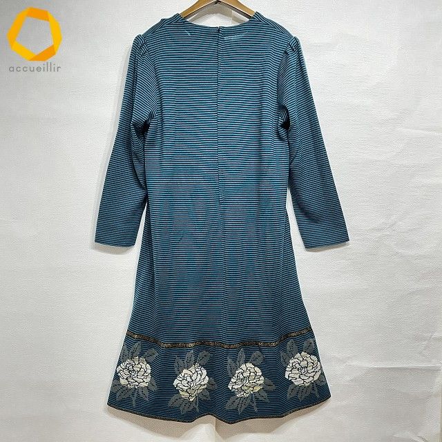 anc サイトウトヨコ 斉藤都世子 ワンピース 青緑 黒 ニット ボーダー ラメ 花柄 ロング レディース 983910