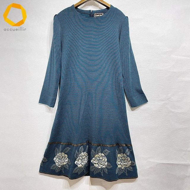 anc サイトウトヨコ 斉藤都世子 ワンピース 青緑 黒 ニット ボーダー ラメ 花柄 ロング レディース 983910