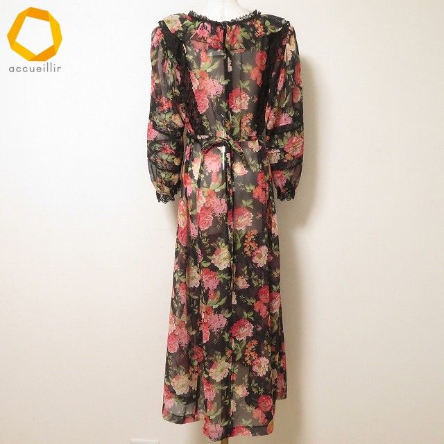 anc ヘッポコセンセイ へっぽこ先生 ワンピース 黒 赤 花柄 レース シースルー ベルト紐付き ロング レディース 973998