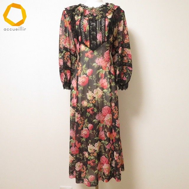 anc ヘッポコセンセイ へっぽこ先生 ワンピース 黒 赤 花柄 レース シースルー ベルト紐付き ロング レディース 973998