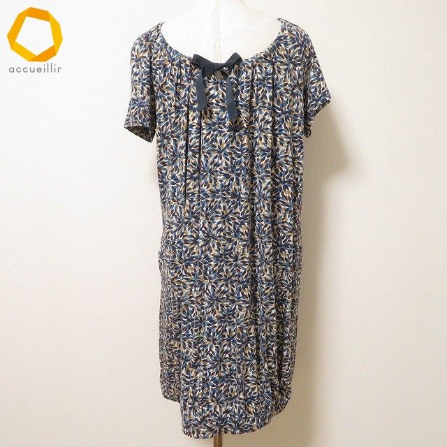 snc レリアン Leilian チュニック 9 カットソー 白 茶 青 半袖 リーフ柄 総柄 リボン レディース 950525