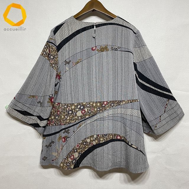 anc シセンドウ 詩仙堂 カットソー グレー ちりめん 花柄 七分袖 ストライプ レディース 975004