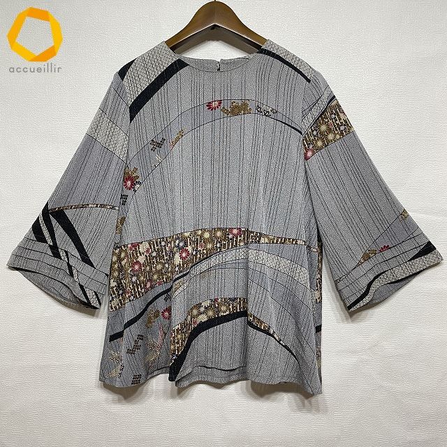 anc シセンドウ 詩仙堂 カットソー グレー ちりめん 花柄 七分袖 ストライプ レディース 975004