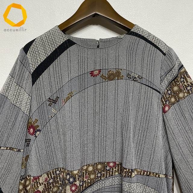  anc シセンドウ 詩仙堂 カットソー グレー ちりめん 花柄 七分袖 ストライプ レディース 975004 五分袖 七分袖 Tシャツ カットソー