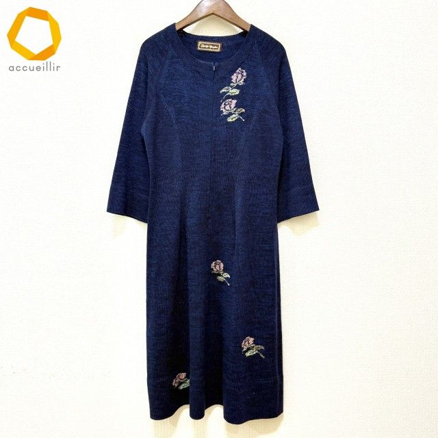 wnc サイトウトヨコ 斉藤都世子 ワンピース 紺 ピンク 黄緑 ニット フロントジップ モチーフ レディース 929543