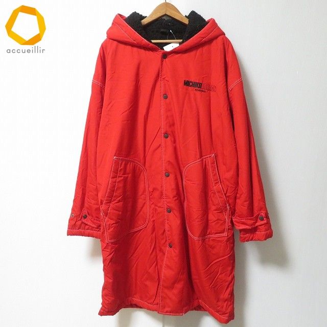 wnc ミチコロンドン MICHIKO LONDON コート ベンチコート 赤 黒 ロゴ スナップボタン 裏ボア フード付き ステッチ ロング メンズ 961984