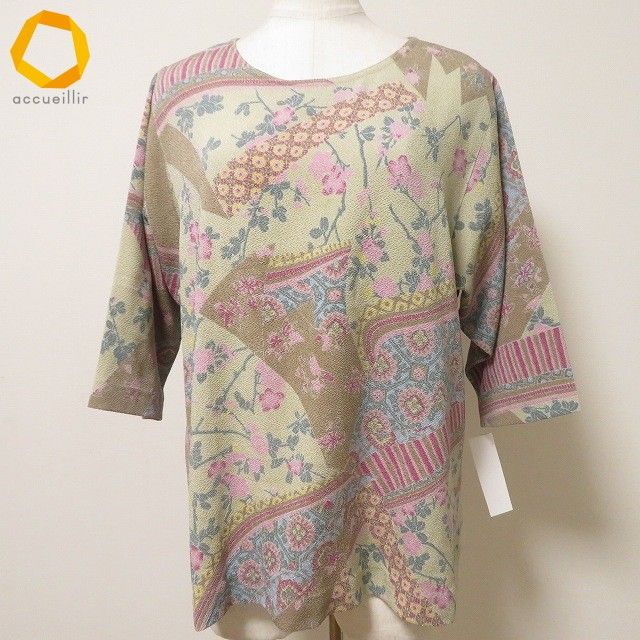 anc シセンドウ 詩仙堂 ヒトシタムラ カットソー オーバーブラウス アイボリー 茶 ピンク ちりめん 七分袖 花柄 レディース 975179