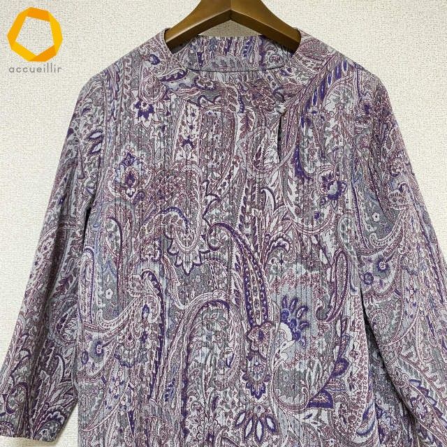 anc シセンドウ 詩仙堂 カットソー ちりめん ペイズリー柄 グレー 紫 レディース 975193 ショートカーデ 長袖 