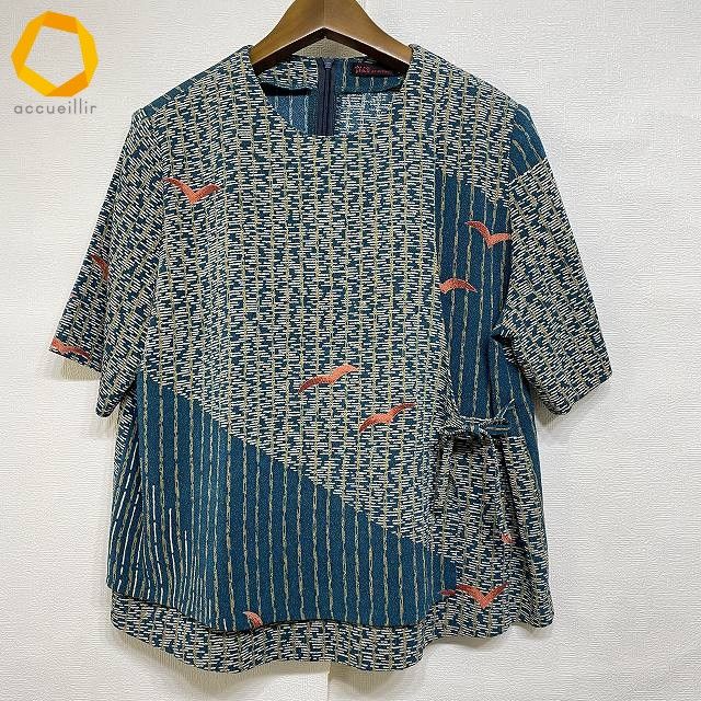 snc シセンドウ 詩仙堂 カットソー 青緑 ベージュ 黄系 オレンジ 半袖 総柄 レディース 975213