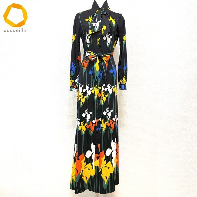 anc ランバン LANVIN ワンピース 8 黒 マルチ ヴィンテージ 花柄 ロング ストール付き ベルト紐付き レディース 967363
