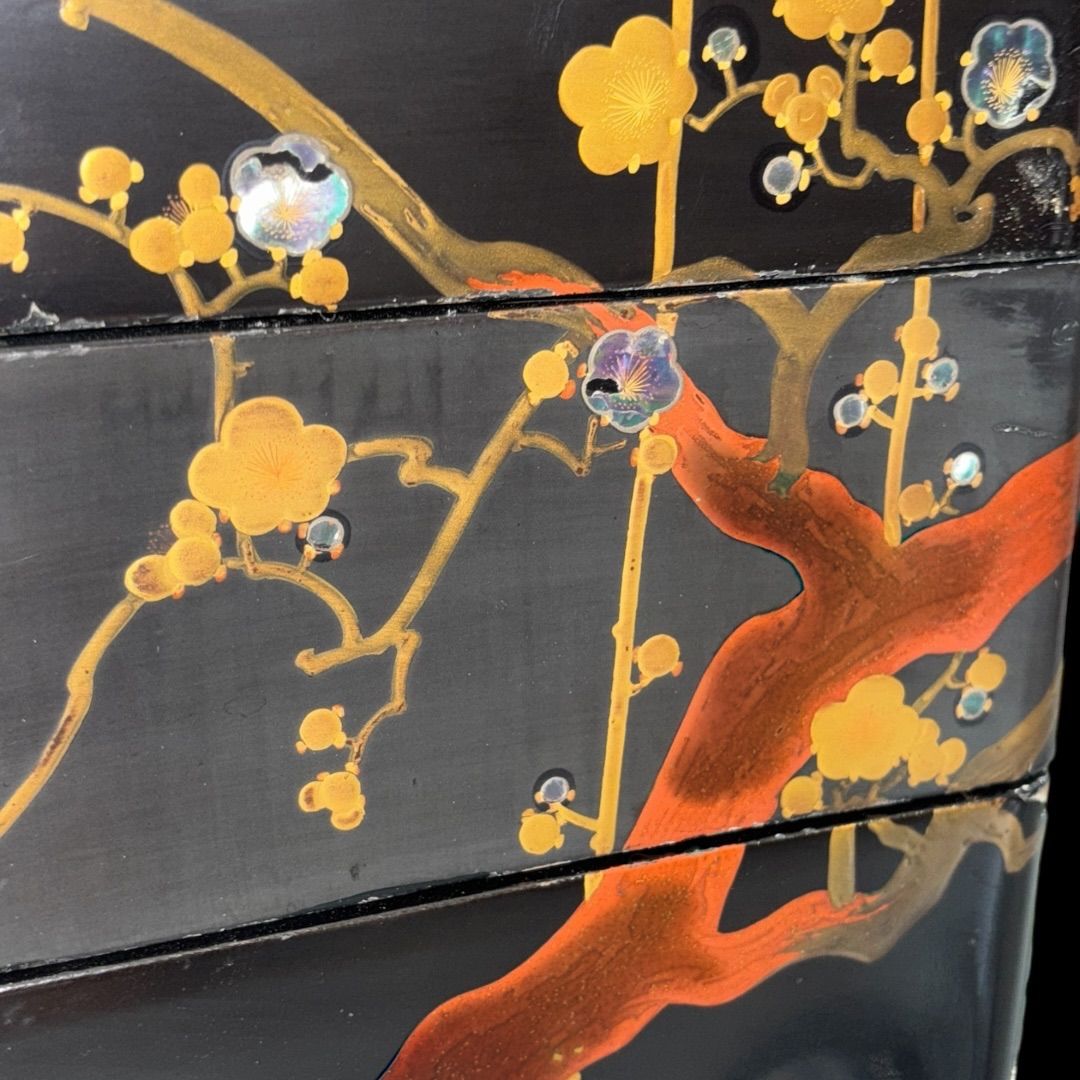 江戸時代の傑作品!! 松竹梅 [銘 芳園] 螺鈿細工 金蒔絵 五段重箱 台