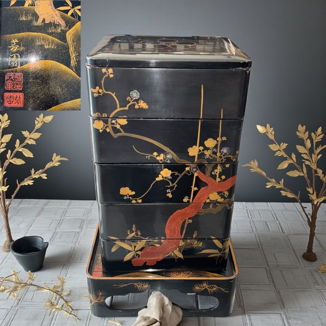 DT589 茶道具 朱塗 松竹梅蒔絵 天目台 時代物 江戸時代の傑作品!! 松竹梅 [銘 芳園] 螺鈿細工 金蒔絵 五段重箱 台