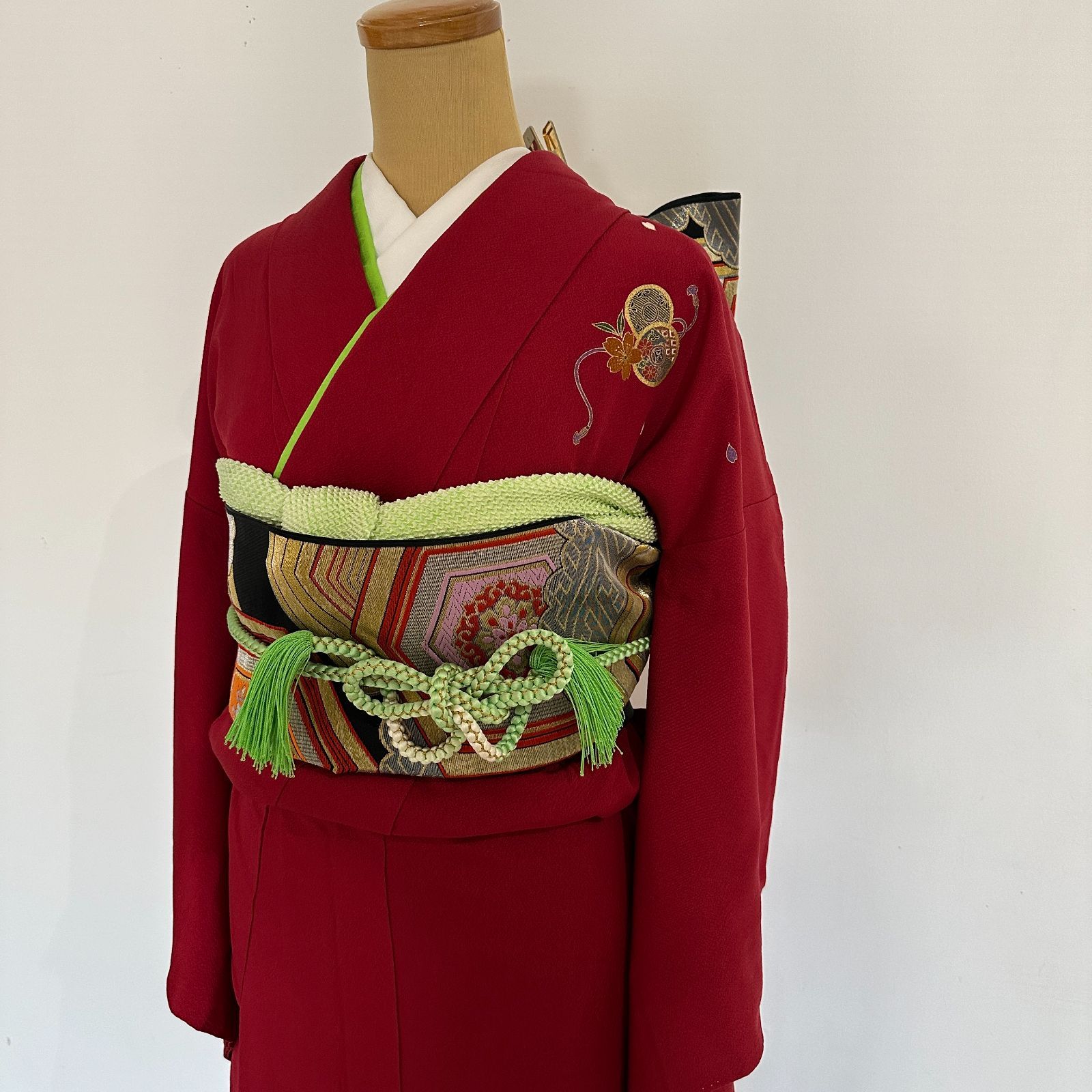 振袖　一式セット 美品】成人振袖 7点フルセット 振袖セット 振袖一式 赤色 えんじ色