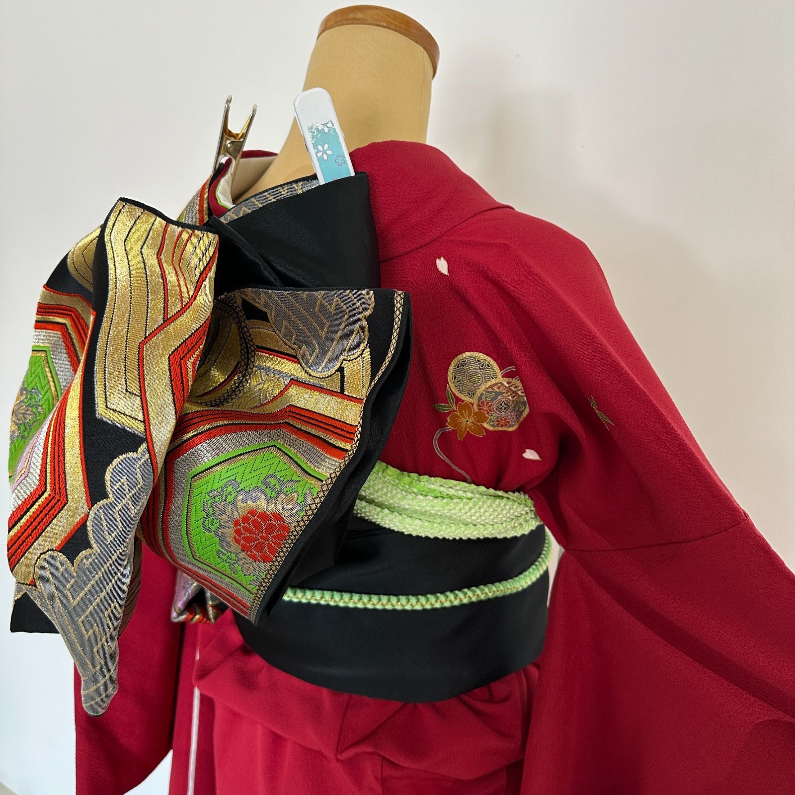 美品】成人振袖 7点フルセット 振袖セット 振袖一式 赤色 えんじ色