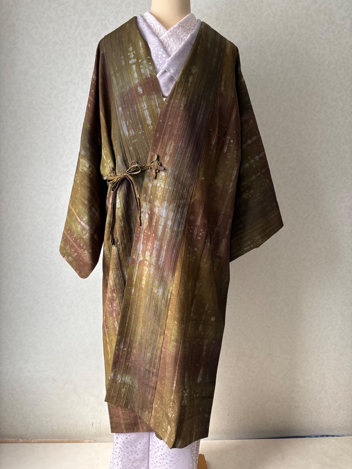 絞り草木染め 道中着 草茶系 裄64