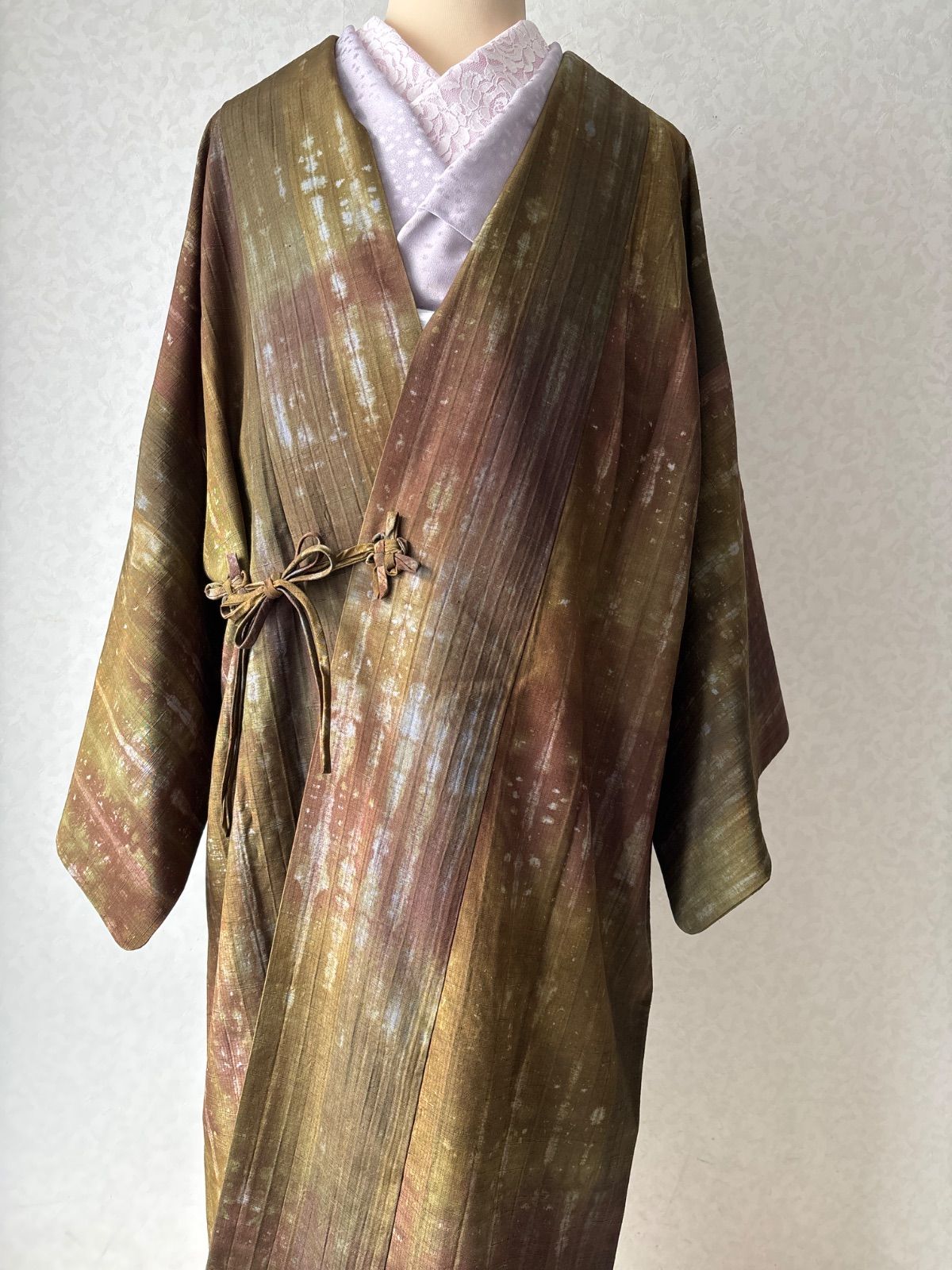 絞り草木染め 道中着 草茶系 裄64