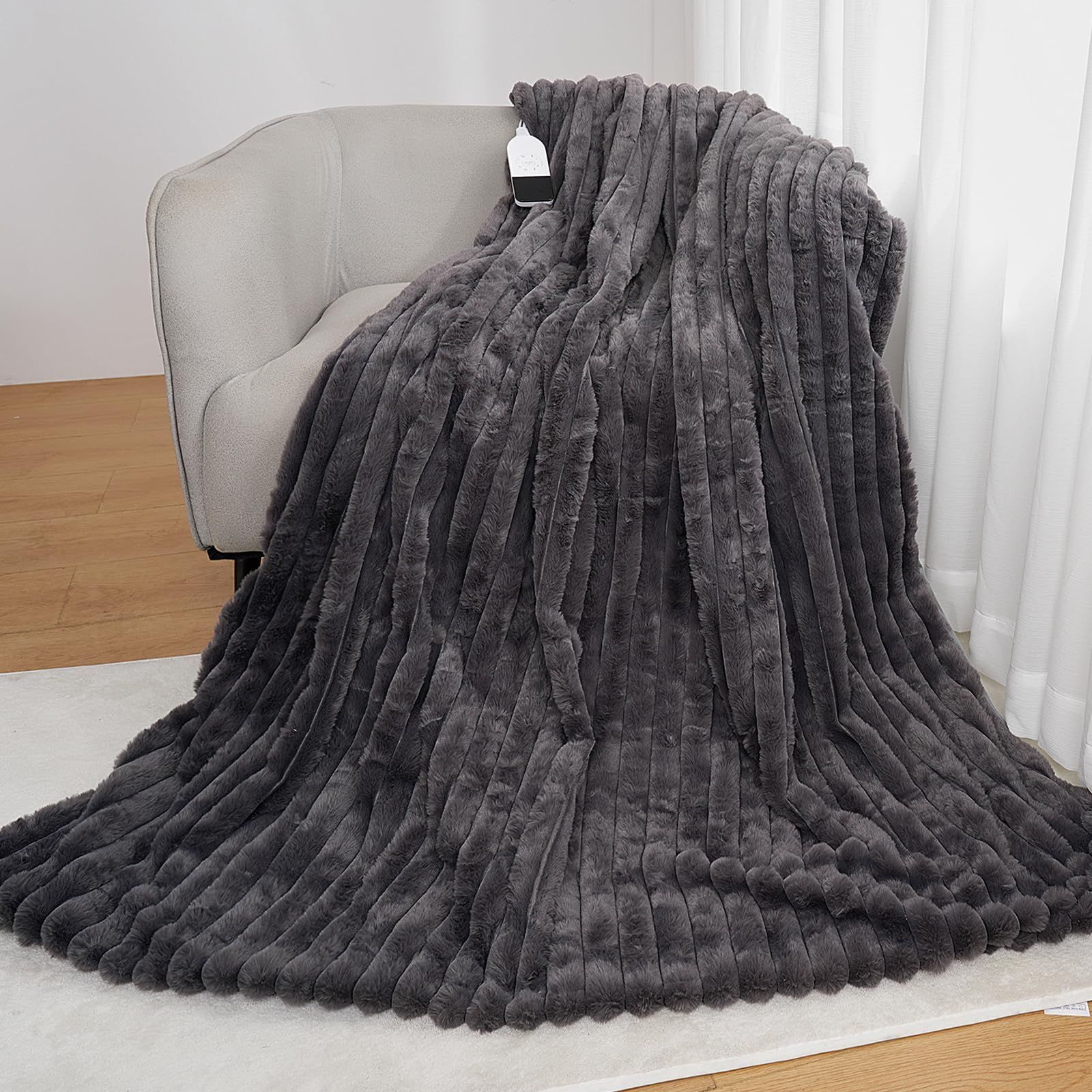 DGV 電気毛布 ふわとろ とろける ラビットファー調 掛け 敷き 掛け敷き兼用 25段階温度調節 12時間自動停止タイマー付 洗える 速暖 肩掛け 膝掛け ブランケット 防寒対策 暖房器具 縦ストライプ 130 190 cm ダックグレー