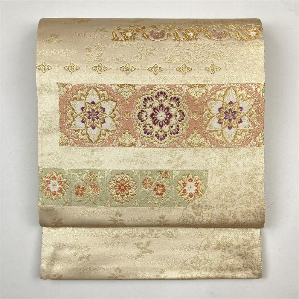 たんす屋 リユース帯 帯 袋帯 生成り フォーマル セミフォーマル 六通 金糸 華文 蔓花 鳥 オリエンタル