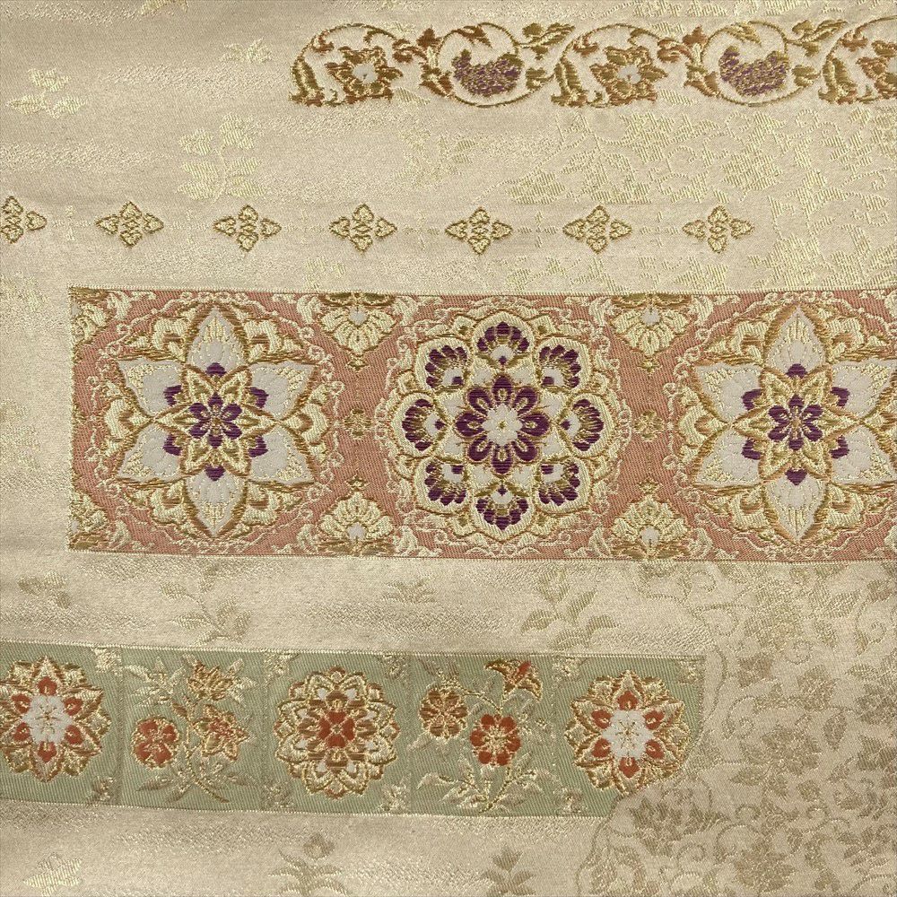 たんす屋 リユース帯 帯 袋帯 生成り フォーマル セミフォーマル 六通 金糸 華文 蔓花 鳥 オリエンタル