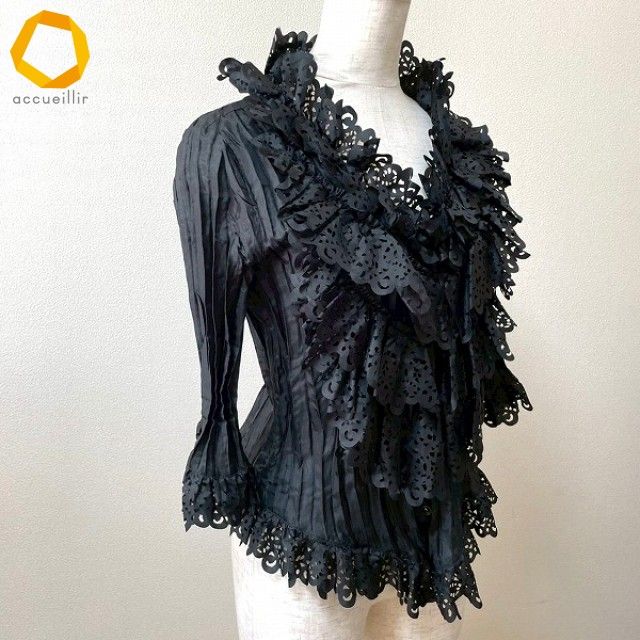  anc ノコオーノ カーディガン 38 黒系 カットワーク フリル プリーツ Vネック レディース 885601 五分袖 七分袖 カーディガン ボレロ アンサンブル