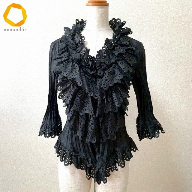 anc ノコオーノ カーディガン 38 黒系 カットワーク フリル プリーツ Vネック レディース 885601