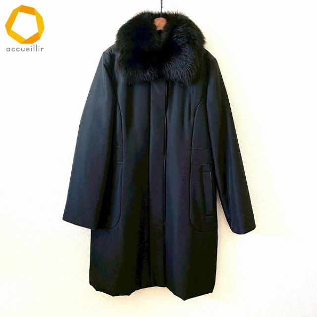 wnc レリアン Leilian コート 9 黒 フォックスファー付き シルクコート 中綿 パイピング レディース 956379