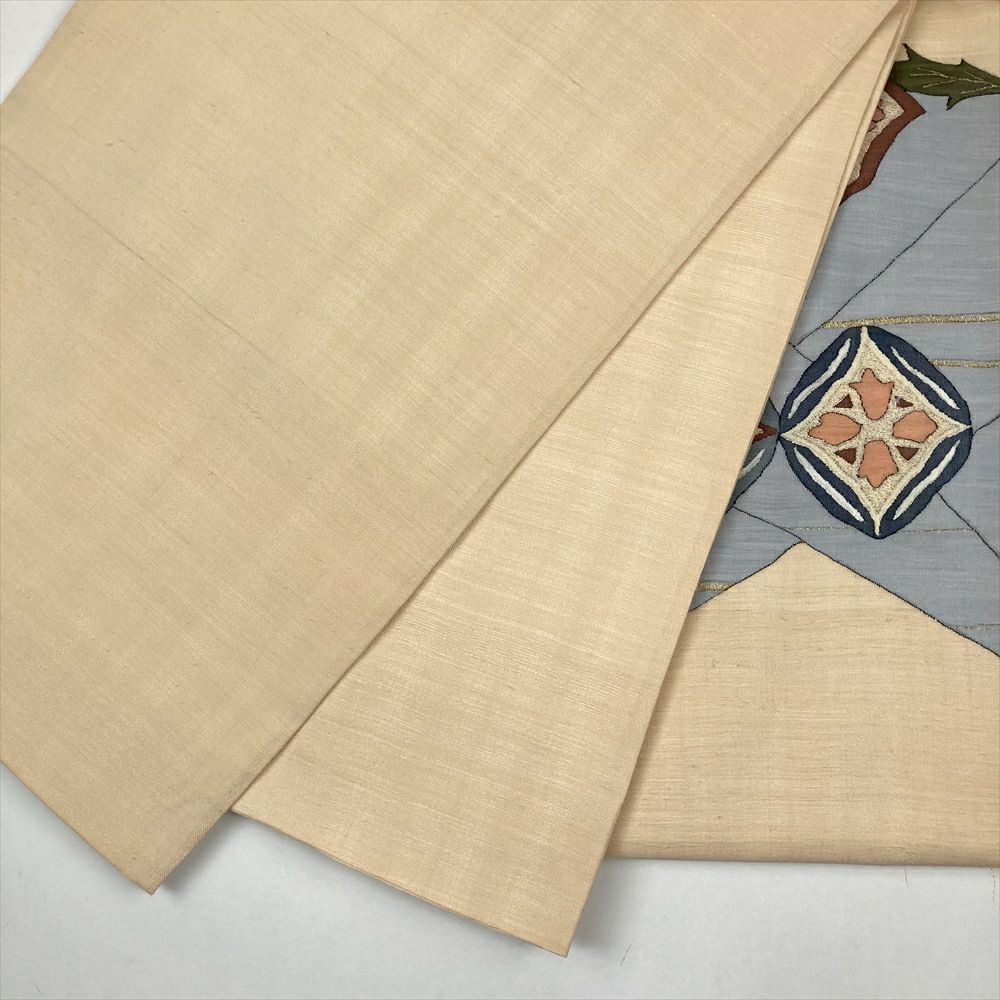  たんす屋 リユース帯 帯 袋帯 生成り カジュアル 六通 明綴れ 金糸 花草 菱 袋帯 帯