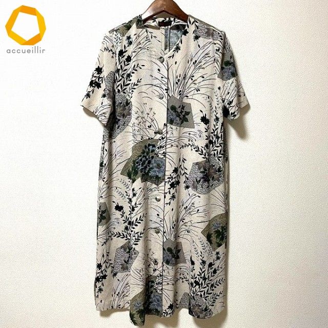 snc シセンドウ ヒトシタムラ 詩仙堂 HITOSHI TAMURA ワンピース ベージュ系 黒 グレー ちりめん 半袖 花柄 レディース 975099