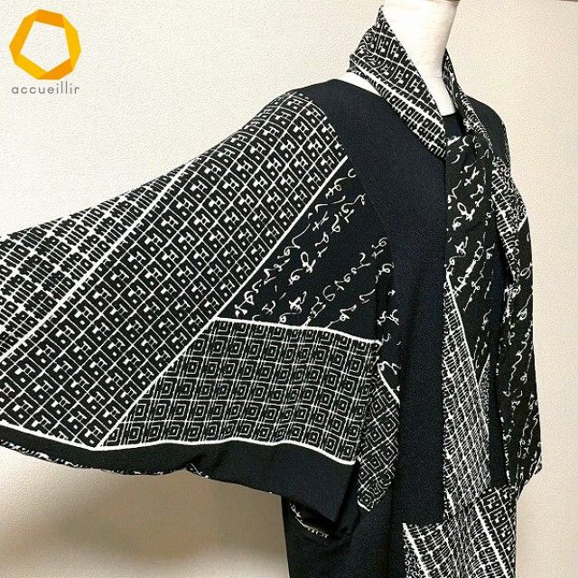  anc シセンドウ ヒトシタムラ 詩仙堂 HITOSHI TAMURA ワンピース 黒 ちりめん ドルマン 文字 和柄 ボウタイ付き レディース 975100 長袖 七分袖 カットソーワンピース