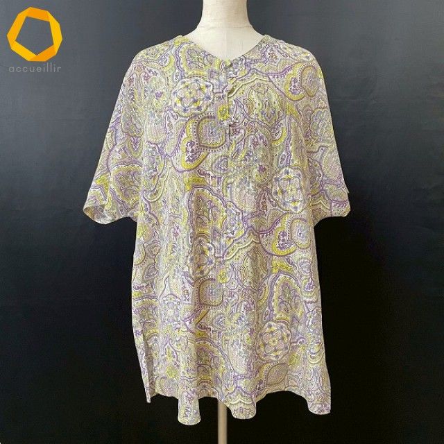 snc シセンドウ ヒトシタムラ 詩仙堂 HITOSHI TAMURA チュニック 白 黄緑系 ちりめん ペイズリー 半袖 Vネック レディース 975236