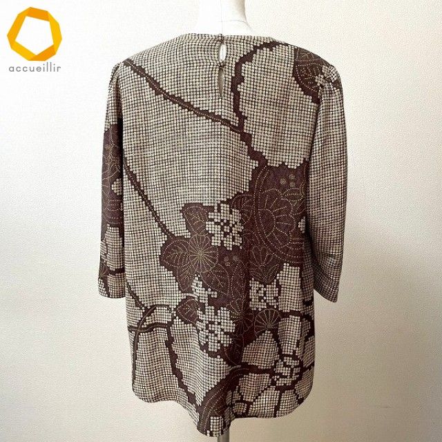anc シセンドウ ヒトシタムラ 詩仙堂 HITOSHI TAMURA チュニック ベージュ 茶 ちりめん 長袖 花 鹿の子柄 レディース 975239
