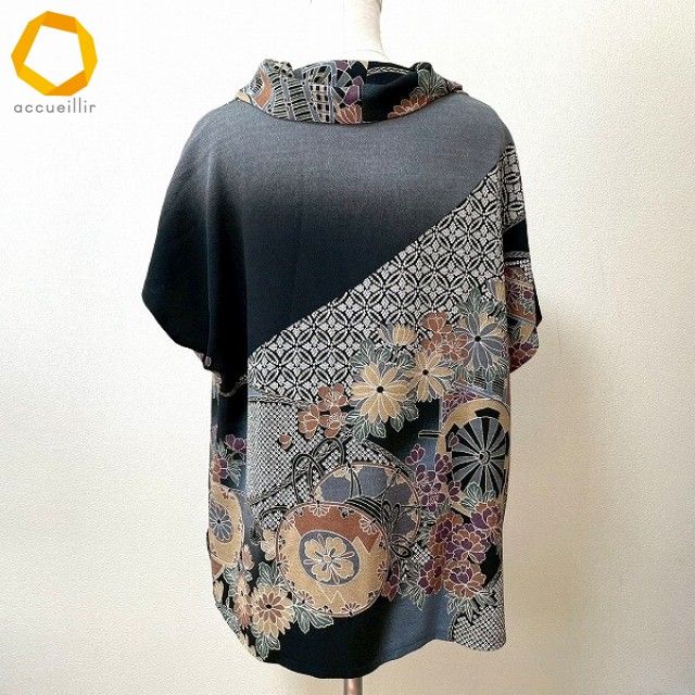 snc シセンドウ ヒトシタムラ 詩仙堂 HITOSHI TAMURA チュニック 黒 グレー マルチ ちりめん 半袖 鹿の子柄 花 レディース 975248