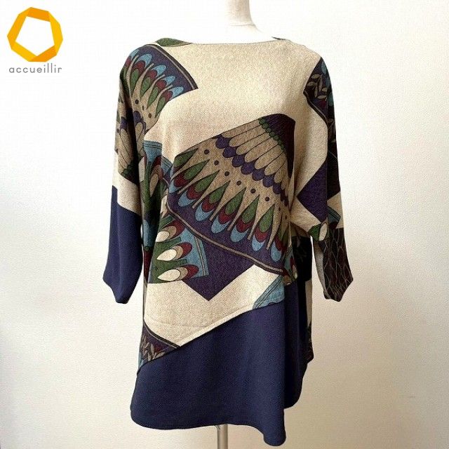 anc シセンドウ ヒトシタムラ 詩仙堂 HITOSHI TAMURA チュニック ベージュ 紺系 マルチ ちりめん ドルマン 和柄 レディース 975259