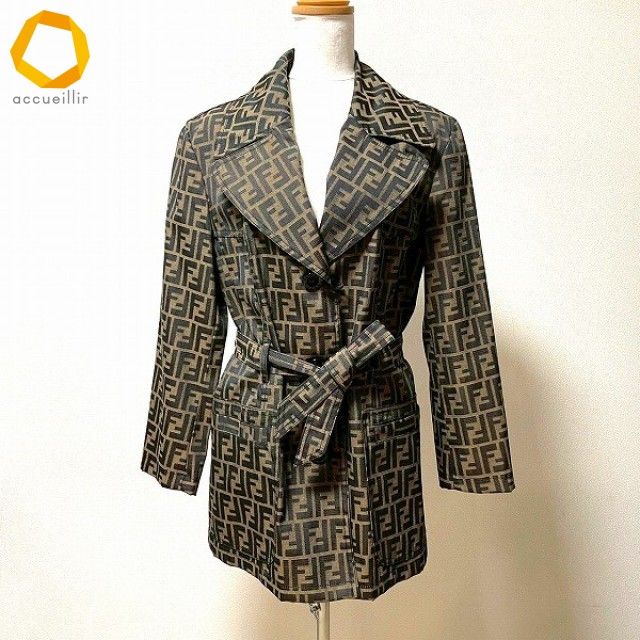 anc フェンディ FENDI jeans コート 40 こげ茶 茶 ズッカ柄 紐ベルト