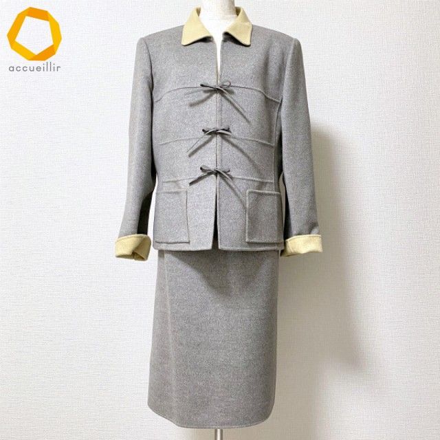 wnc レリアン Leilian スカートスーツ セットアップ ツーピース 13 グレー 黄色 アンゴラ混 大きいサイズ レディース 983381