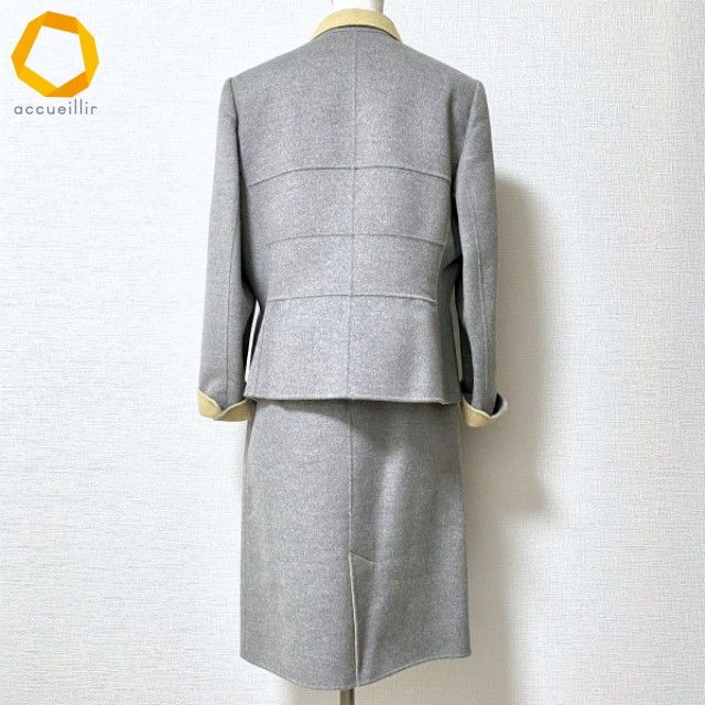 wnc レリアン Leilian スカートスーツ セットアップ ツーピース 13 グレー 黄色 アンゴラ混 大きいサイズ レディース 983381