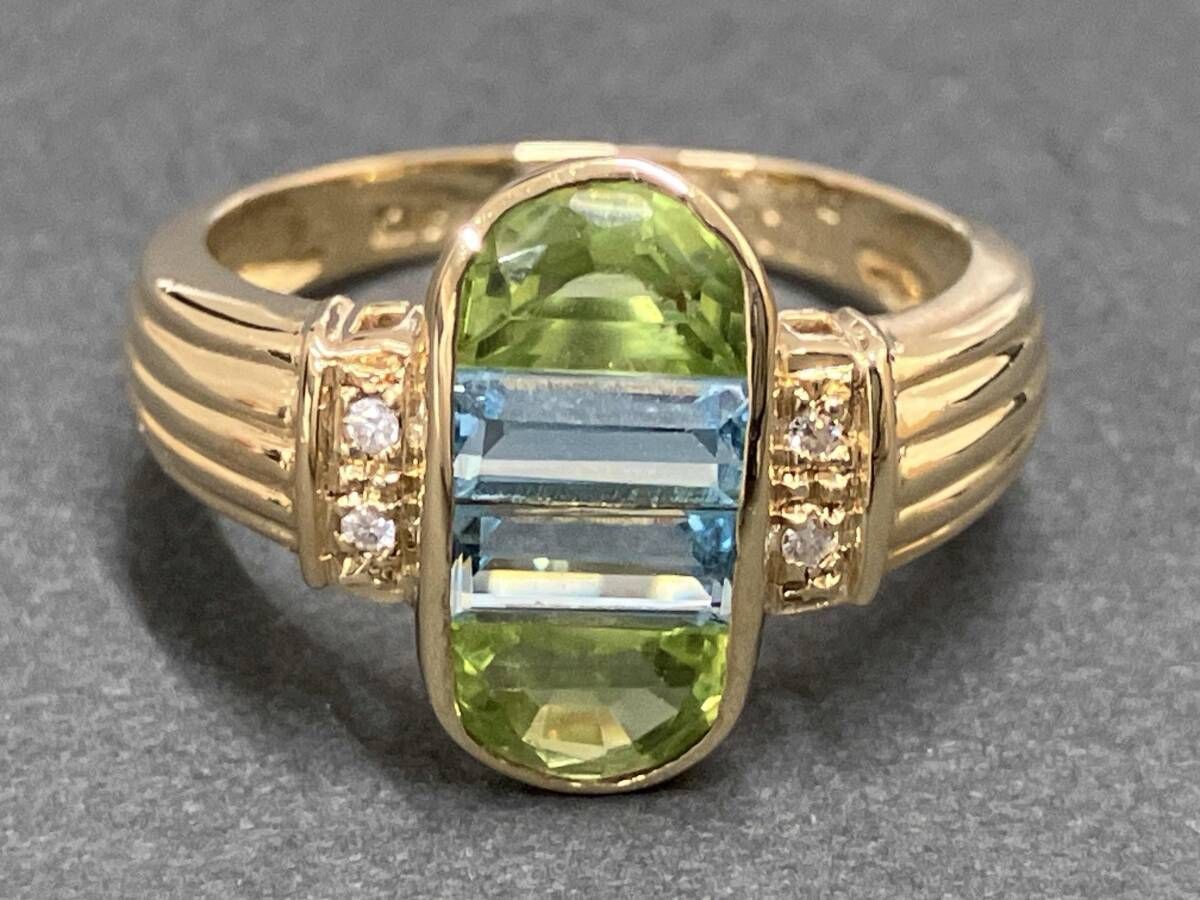 クリーニング済 K 18 ゴールド リング 総重量約3.2 g 約10.5号 天然ブルートパーズ 天然ペリドッド 天然ダイヤモンド 鑑別書付