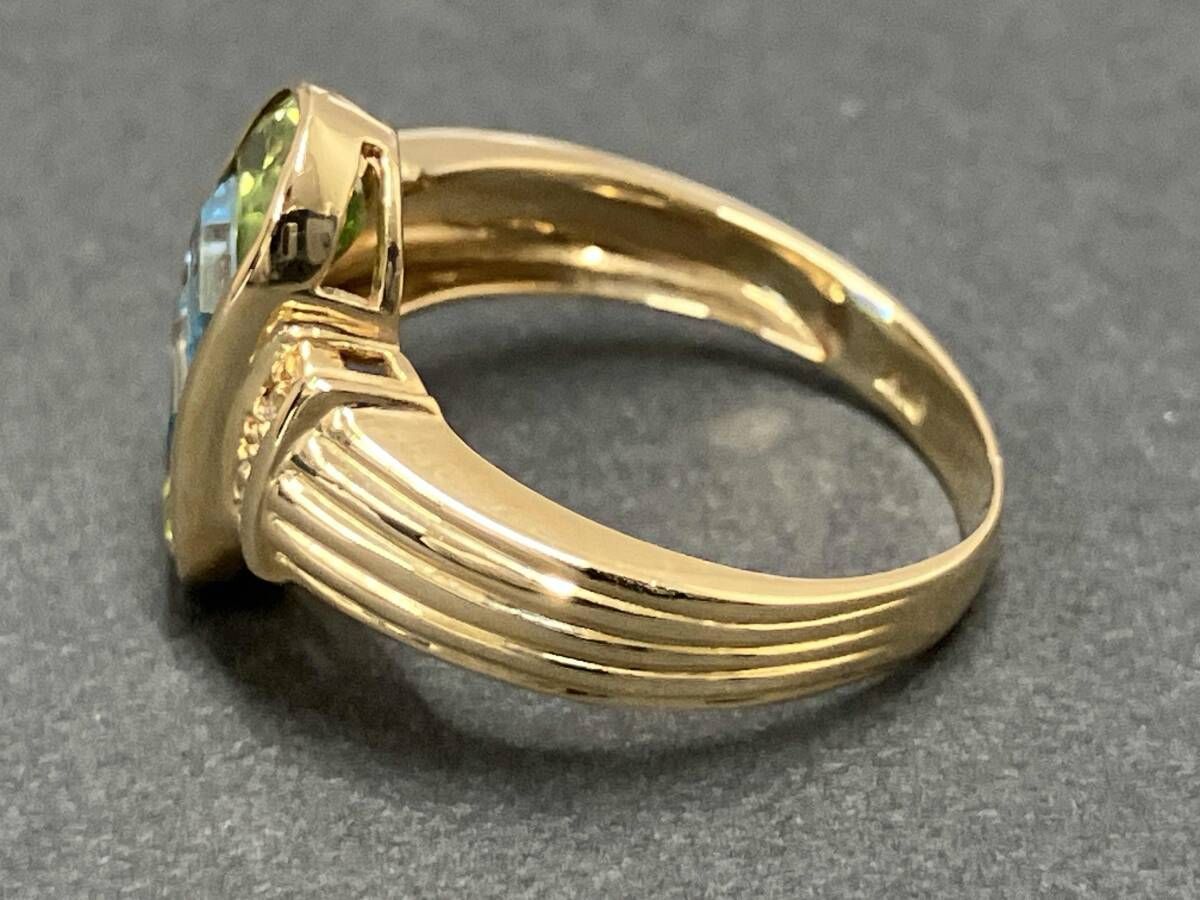  クリーニング済 K 18 ゴールド リング 総重量約3.2 g 約10.5号 天然ブルートパーズ 天然ペリドッド 天然ダイヤモンド 鑑別書付 リング 指輪 アクセサリー