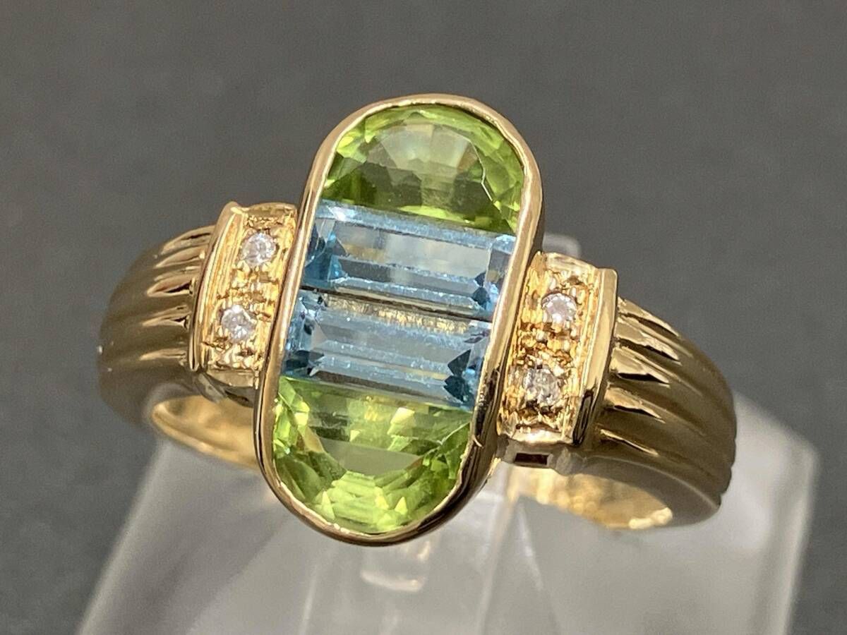 クリーニング済 K 18 ゴールド リング 総重量約3.2 g 約10.5号 天然ブルートパーズ 天然ペリドッド 天然ダイヤモンド 鑑別書付