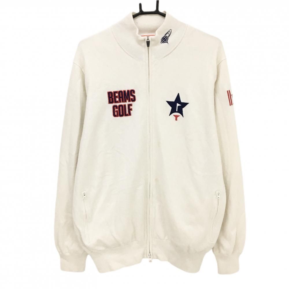 ビームスゴルフ ニットジャケット 白×ネイビー×レッド 胸ロゴ ウール混