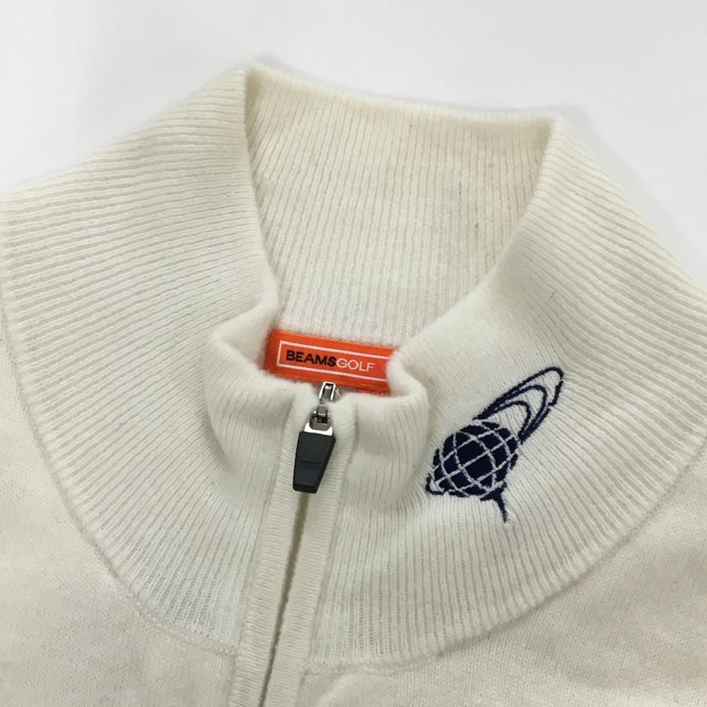BEAMS GOLF ニットジャケット ホワイト ビームスゴルフ ニットジャケット 白×ネイビー×レッド 胸ロゴ ウール混