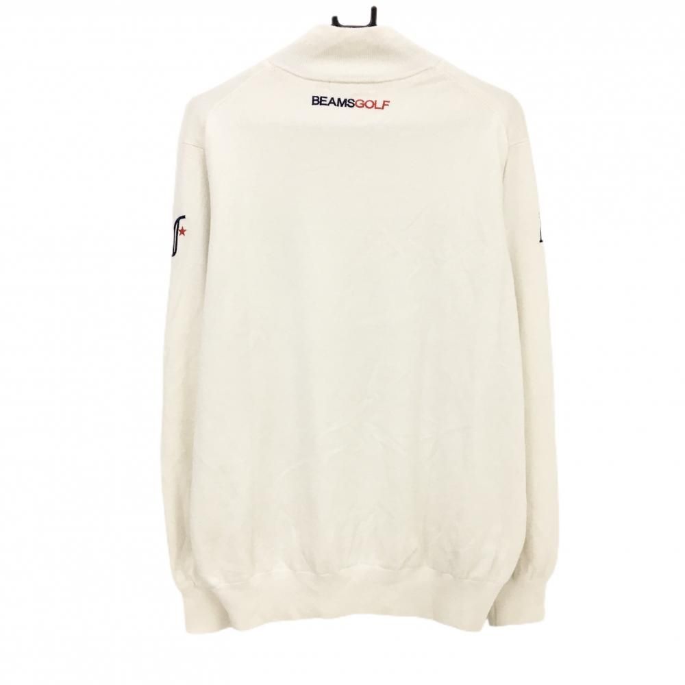 ビームスゴルフ ニットジャケット 白×ネイビー×レッド 胸ロゴ ウール混 裏地付き メンズ XL ゴルフウェア BEAMS GOLF
