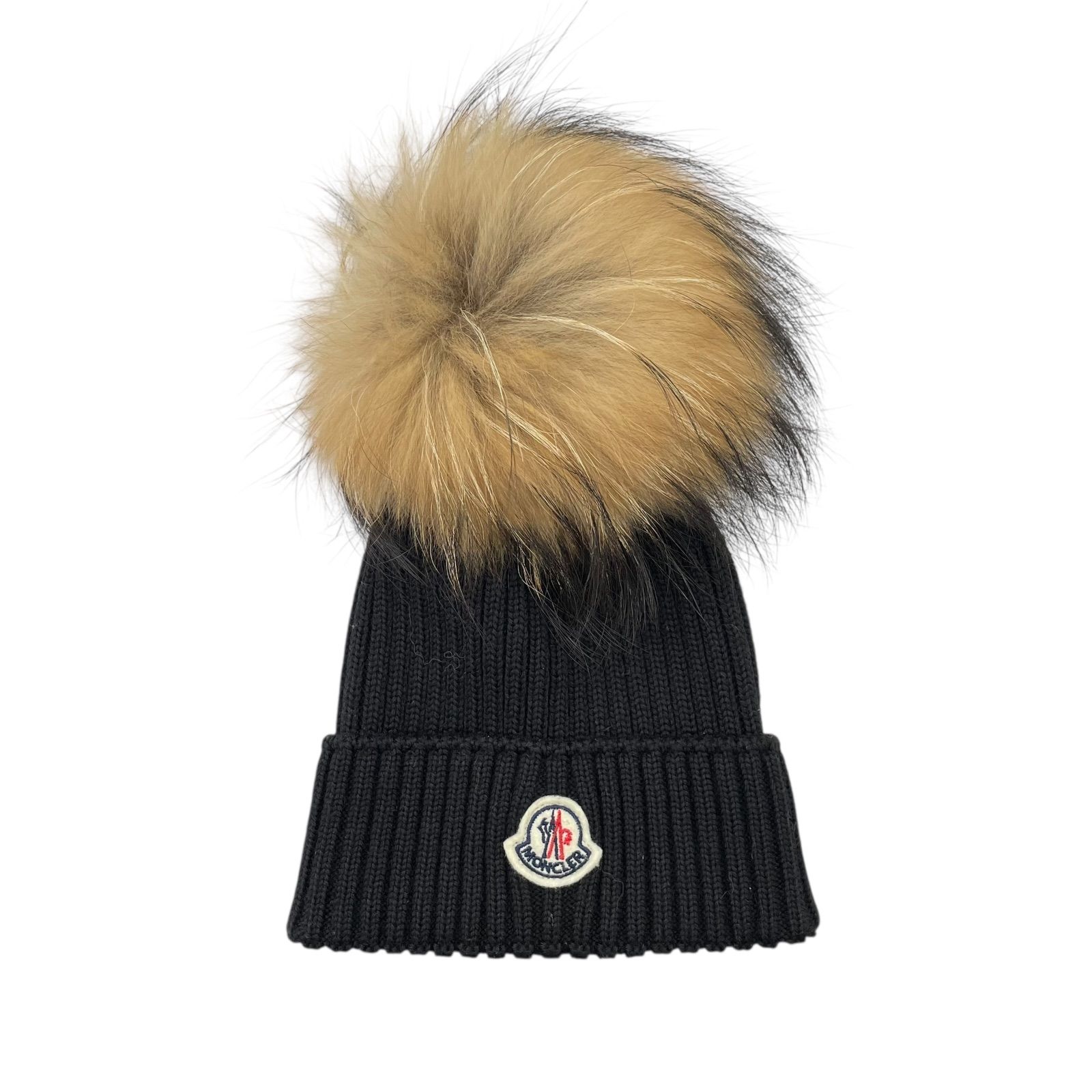 EM 1253 モンクレール ポンポンファー ニット帽 ブラック Sサイズ