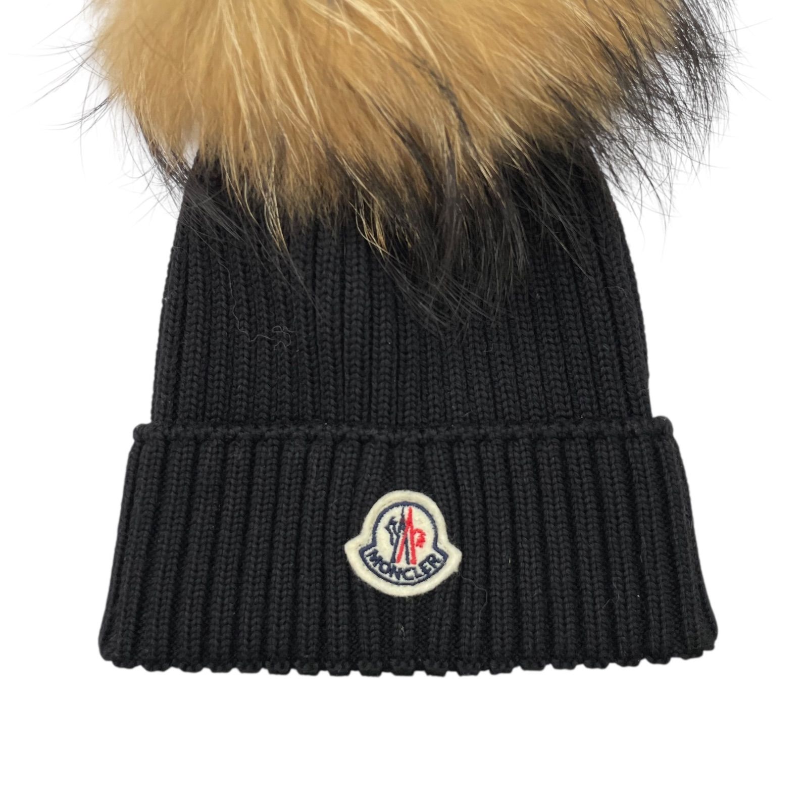 EM 1253 モンクレール ポンポンファー ニット帽 ブラック Sサイズ
