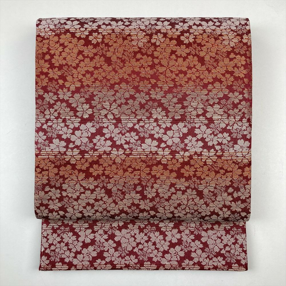 たんす屋 リユース帯 帯 袋帯 赤 カジュアル リバーシブル 全通 横段 桜 波