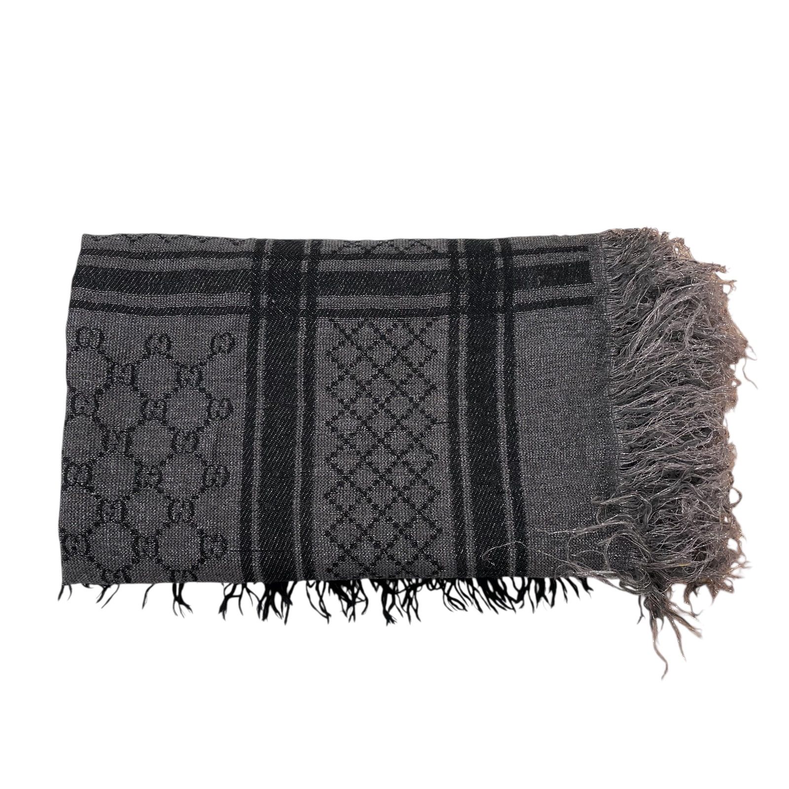 ☆EM1252 GUCCI グッチ 大判ストール フリンジ ラメ グレー ストール
