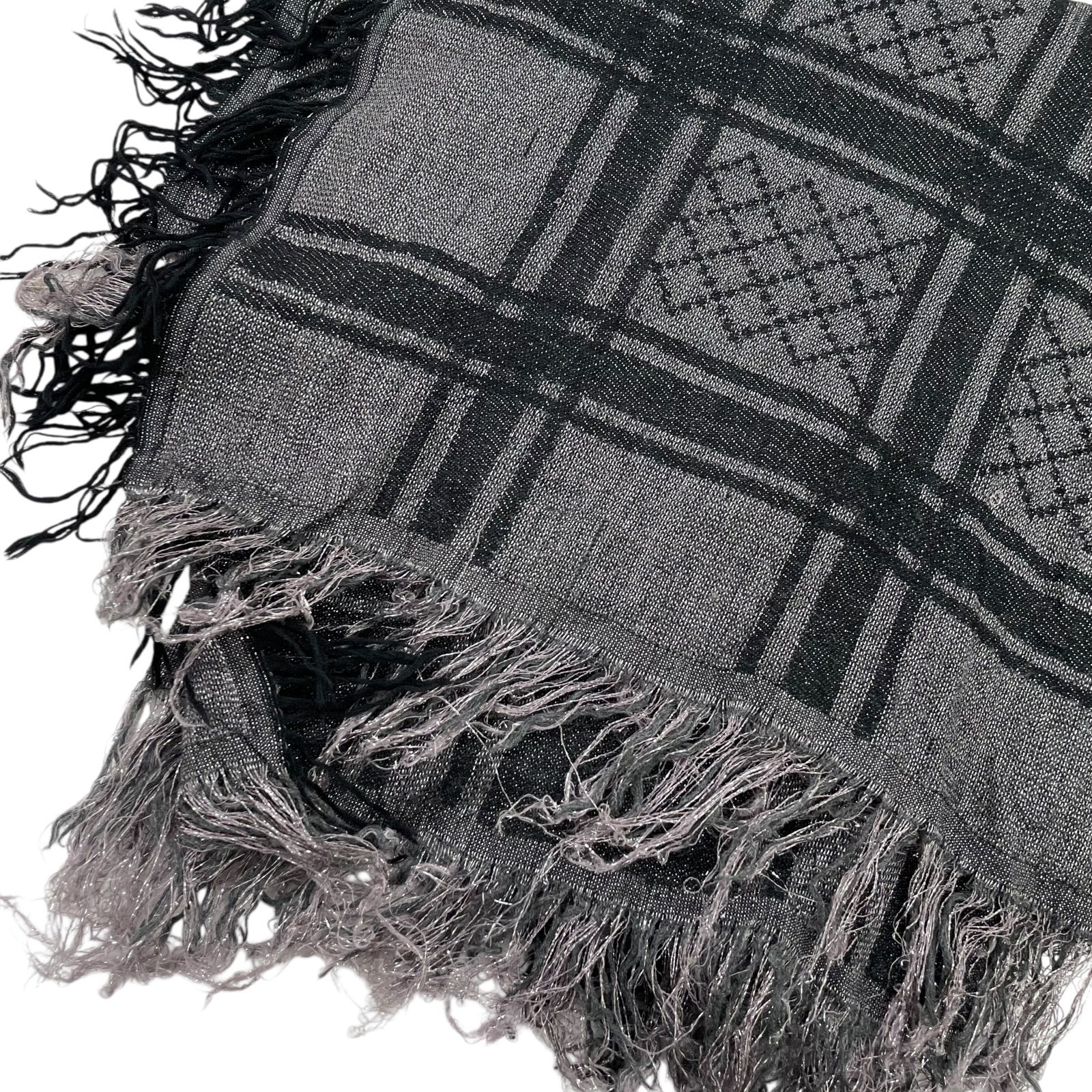 ☆EM1252 GUCCI グッチ 大判ストール フリンジ ラメ グレー ストール